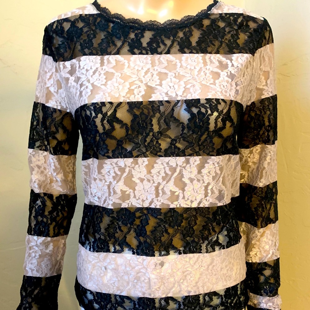 Victorias Secret Long Sleeve Lace Black Beige Top